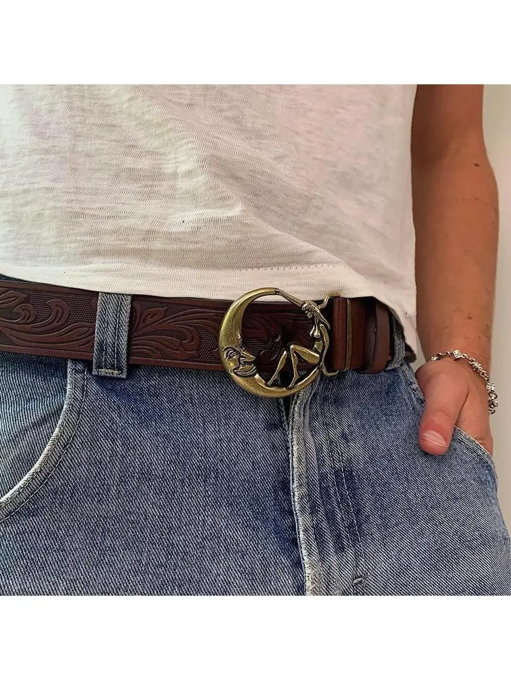 Half moon and Woman belt buckle brown belt. 44 inches length